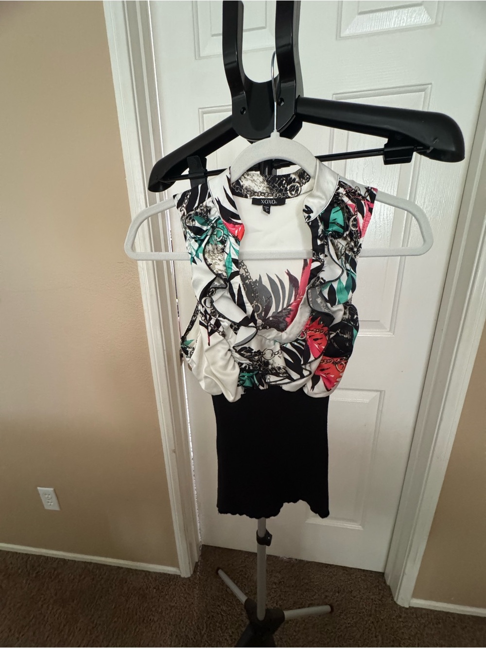 XOXO Floral-Print Ruffle Neck Sleeveless Top - Black/White/Green/Pink